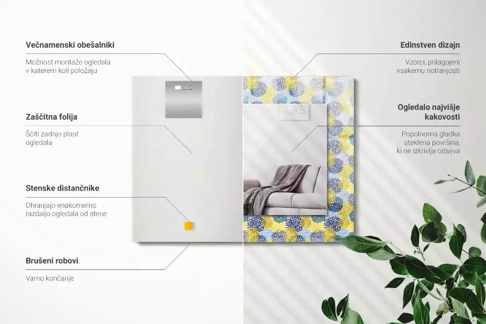 Miroir rectangulaire avec cadre imprimé motif floral coloré