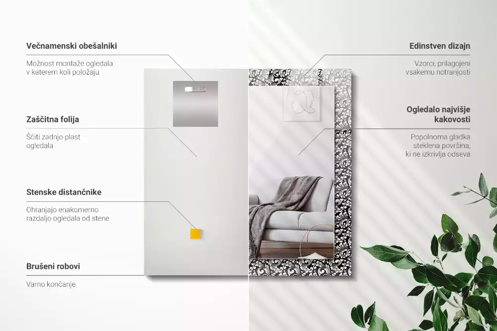 Miroir rectangulaire imprimé ornements en noir et blanc