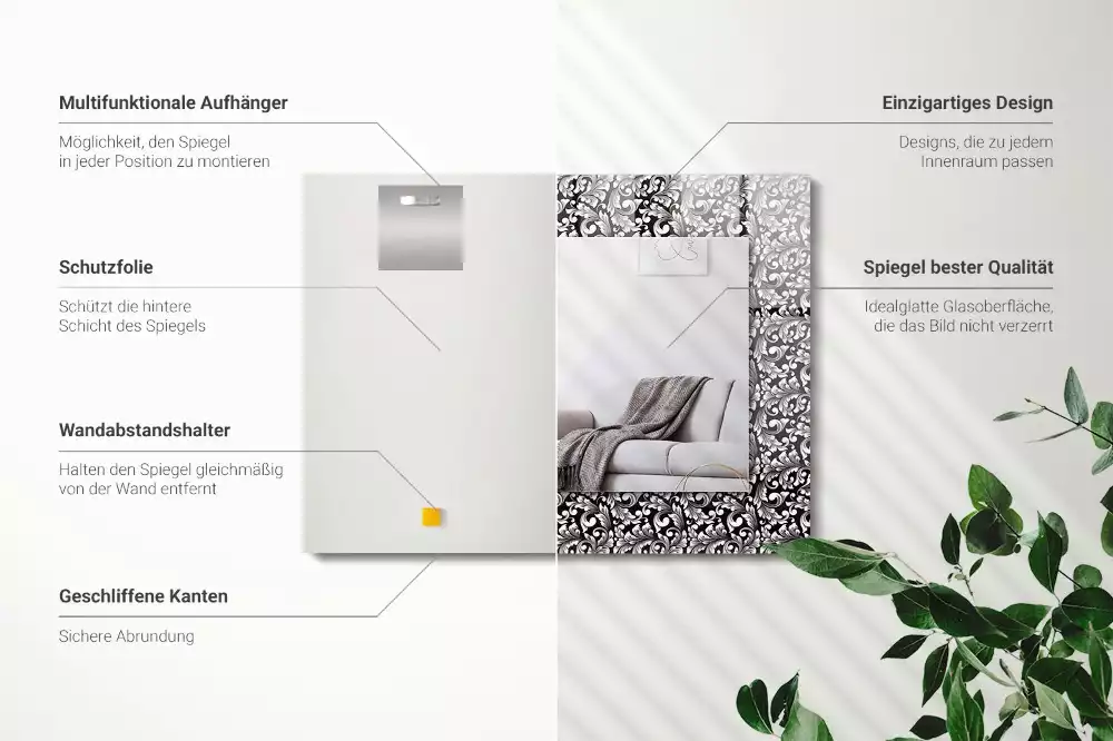 Miroir rectangulaire imprimé ornements en noir et blanc