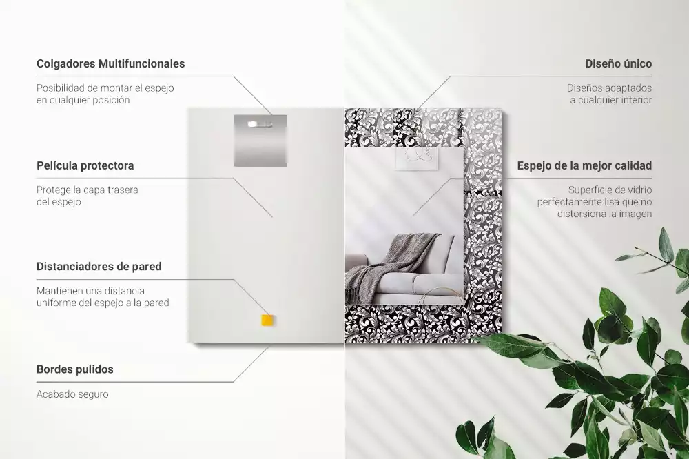 Miroir rectangulaire imprimé ornements en noir et blanc