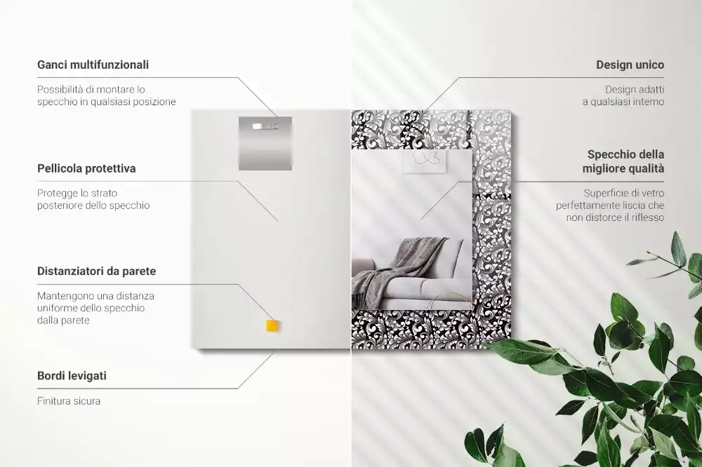 Miroir rectangulaire imprimé ornements en noir et blanc
