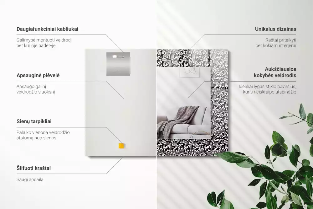 Miroir rectangulaire imprimé ornements en noir et blanc