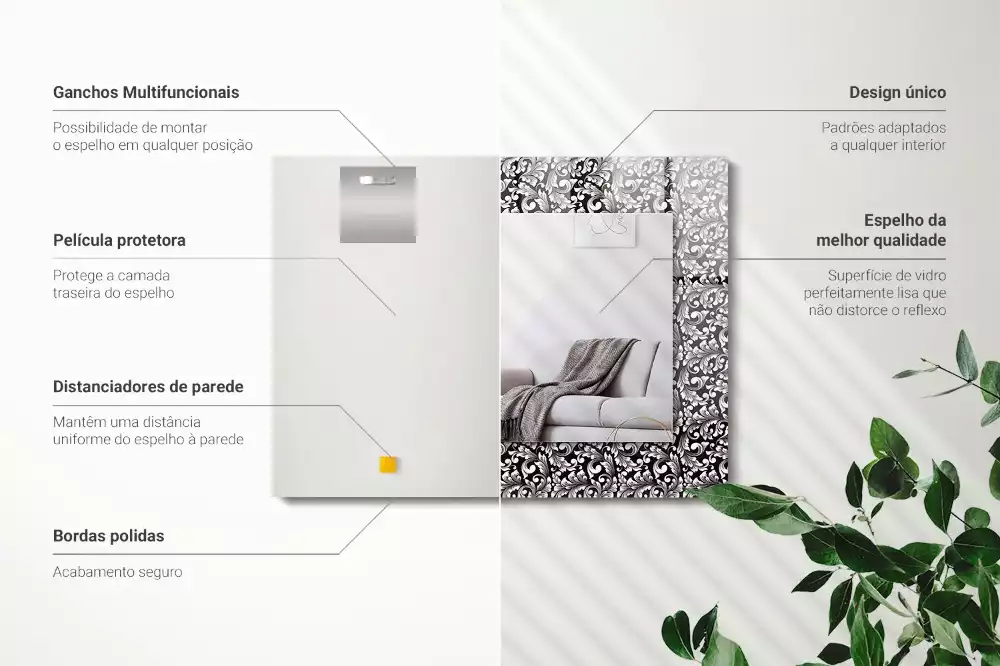 Miroir rectangulaire imprimé ornements en noir et blanc