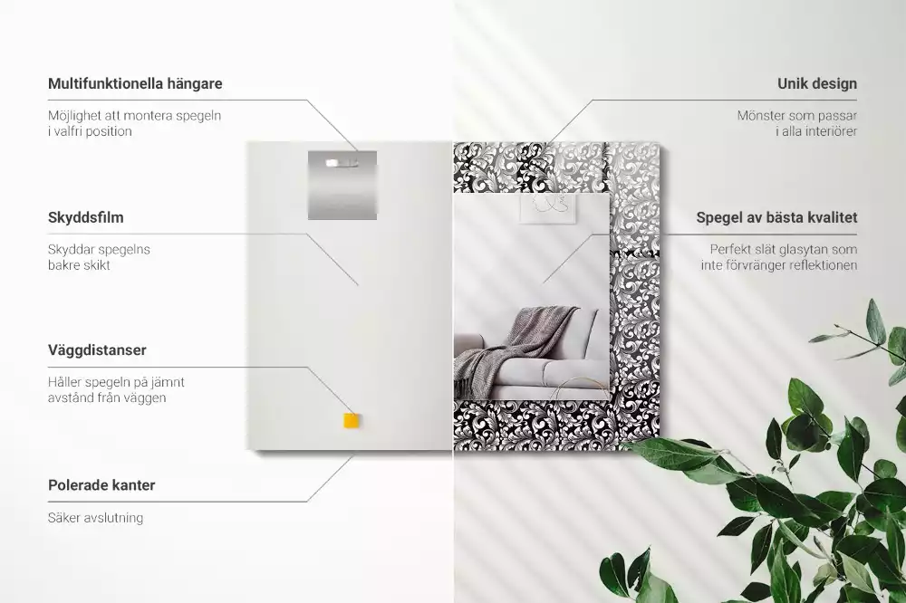 Miroir rectangulaire imprimé ornements en noir et blanc