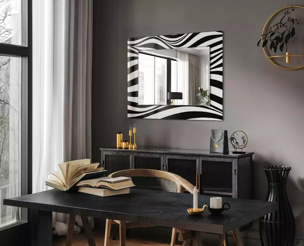 Miroir rectangulaire à cadre imprimé vagues en noir et blanc