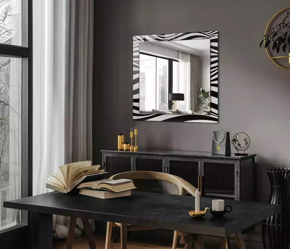 Miroir rectangulaire à cadre imprimé vagues en noir et blanc