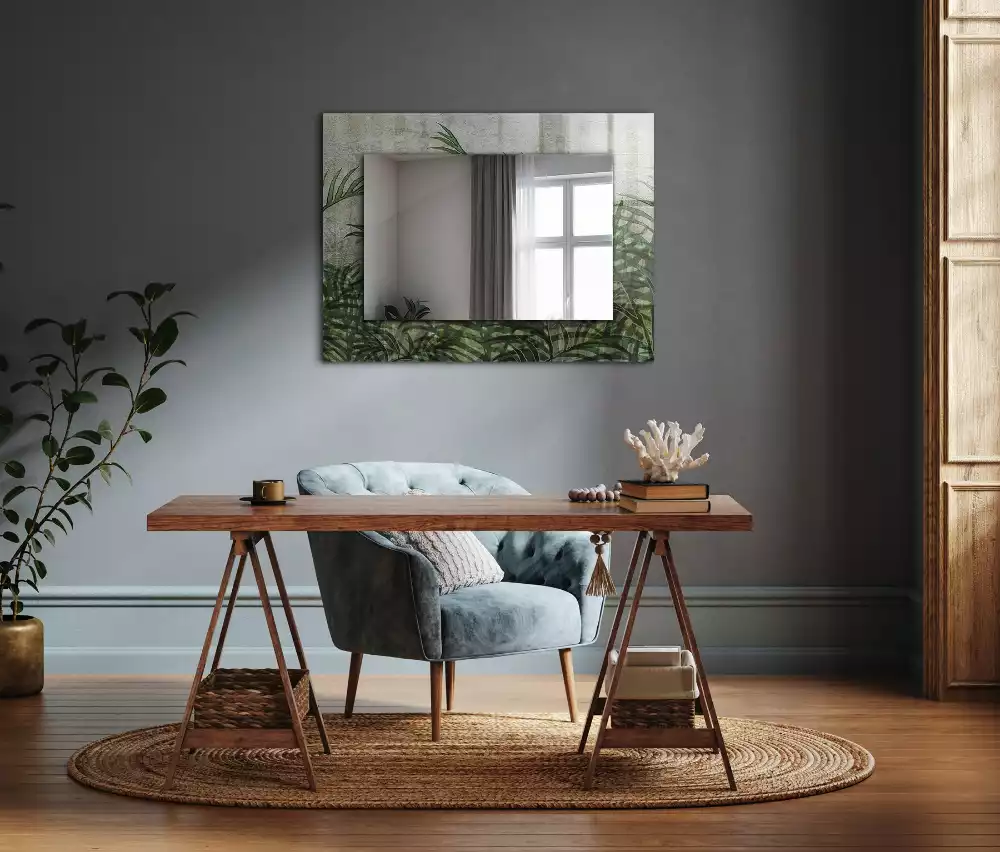 Miroir rectangulaire avec cadre imprimé feuilles de fougère vertes