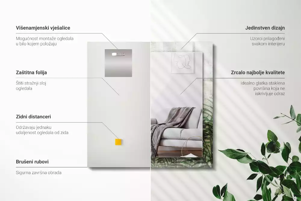Miroir rectangulaire avec cadre imprimé feuilles de fougère vertes
