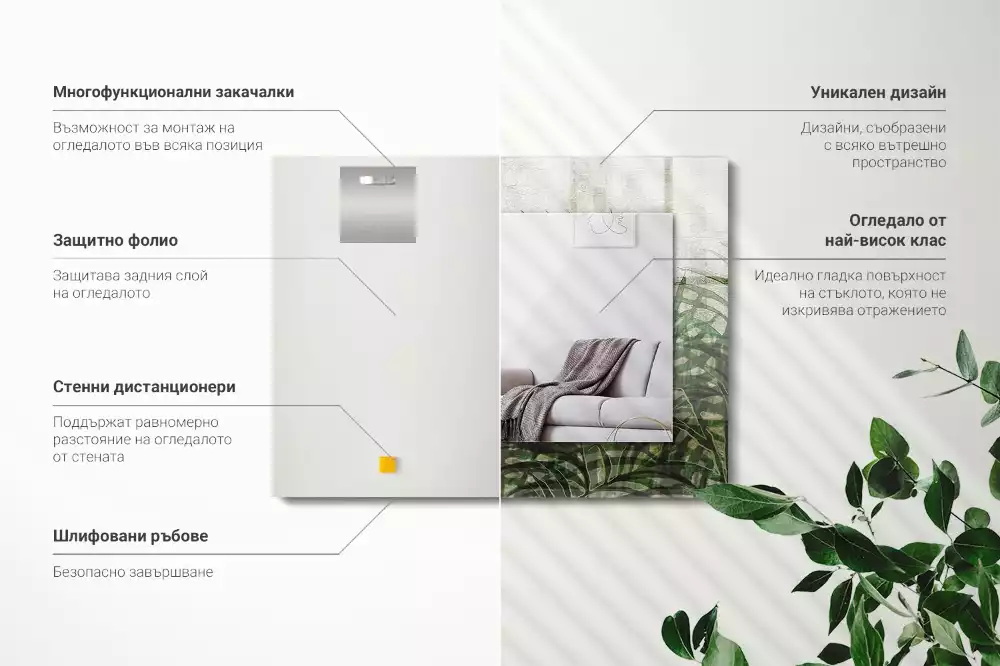 Miroir rectangulaire avec cadre imprimé feuilles de fougère vertes