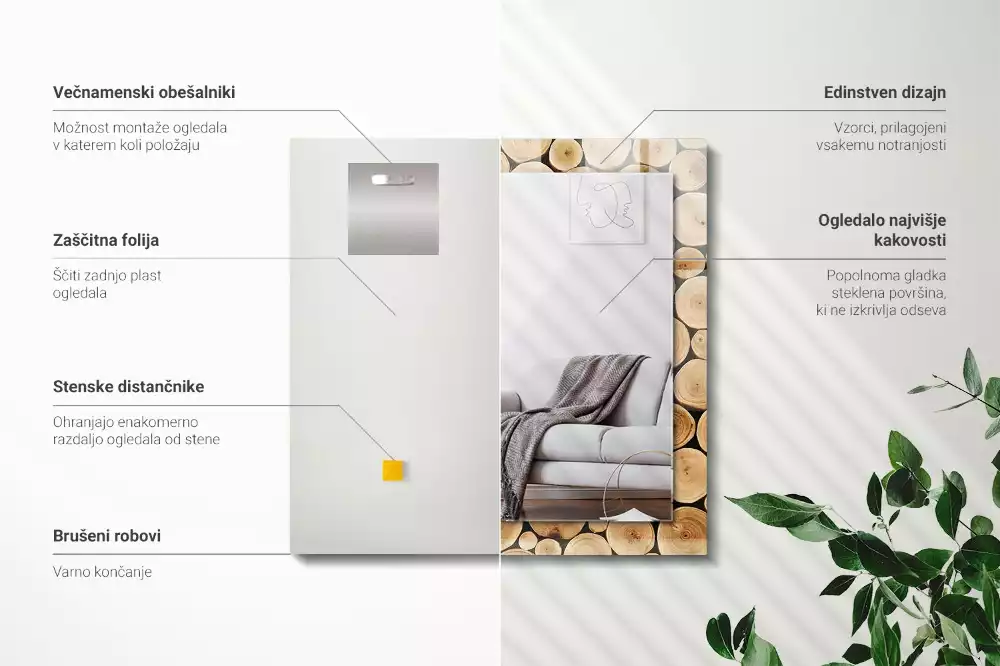 Miroir rectangulaire décoratif coupes de troncs d'arbres