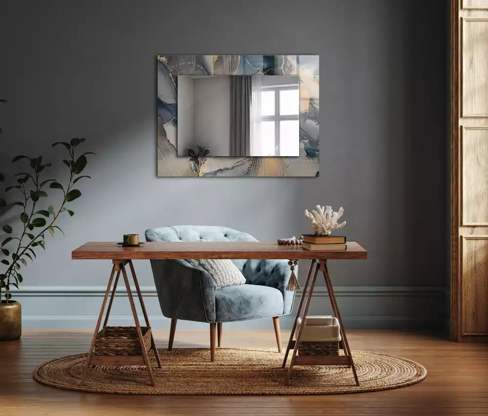 Miroir rectangulaire décoratif imprimé art abstrait bleu clair