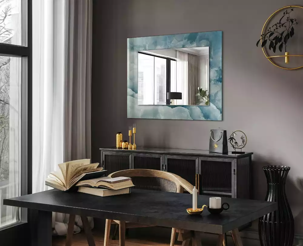 Miroir rectangulaire avec cadre imprimé structure de marbre bleu clair