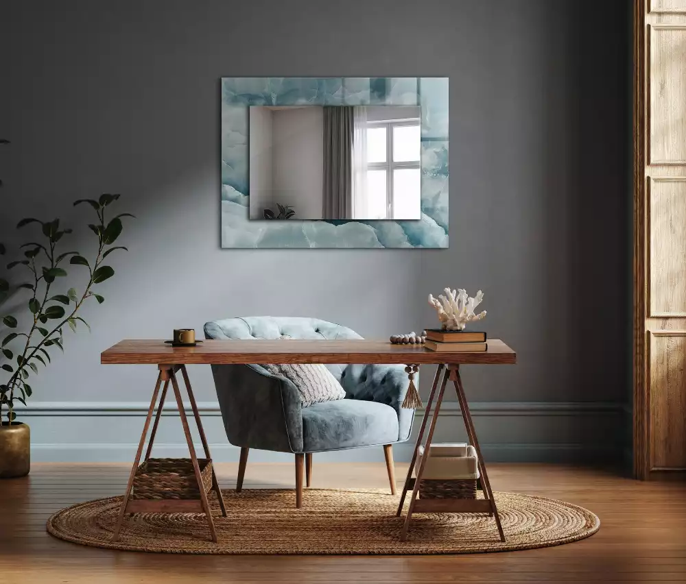 Miroir rectangulaire avec cadre imprimé structure de marbre bleu clair