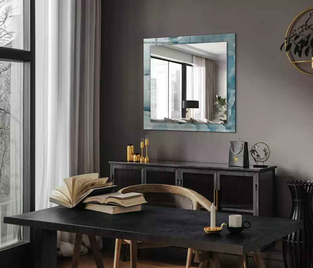 Miroir rectangulaire avec cadre imprimé structure de marbre bleu clair