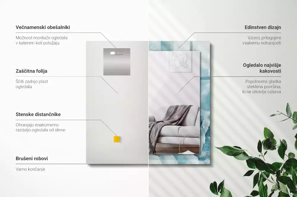 Miroir rectangulaire avec cadre imprimé structure de marbre bleu clair