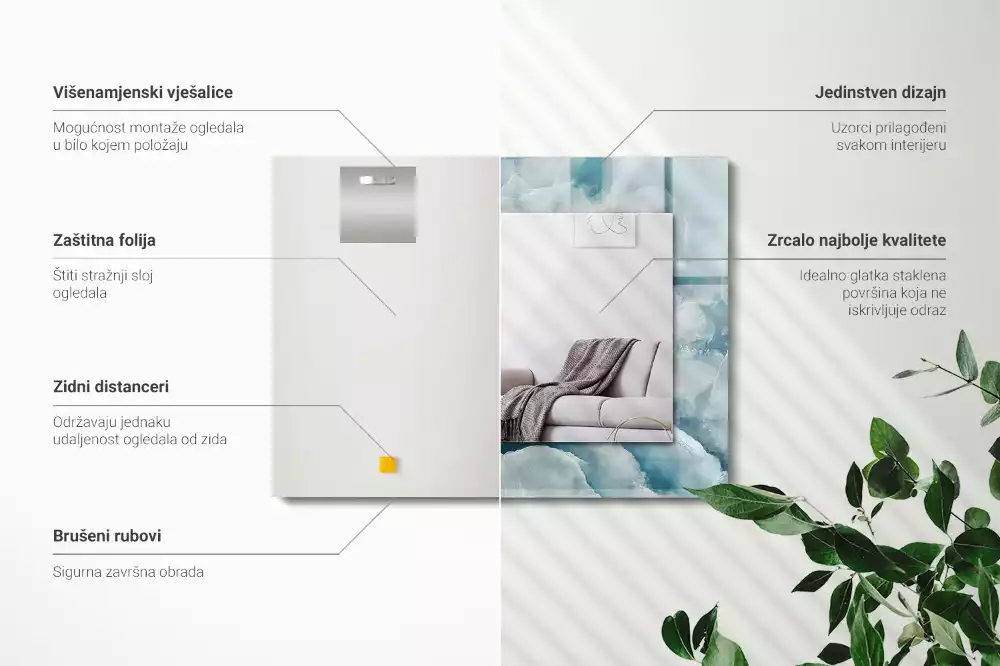 Miroir rectangulaire avec cadre imprimé structure de marbre bleu clair