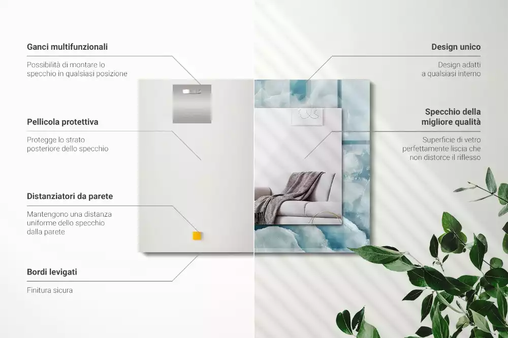 Miroir rectangulaire avec cadre imprimé structure de marbre bleu clair