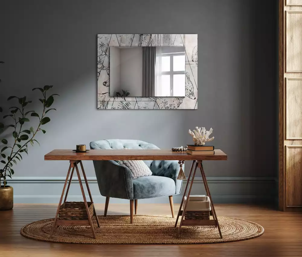 Miroir rectangulaire à cadre imprimé cerf renard et plantes