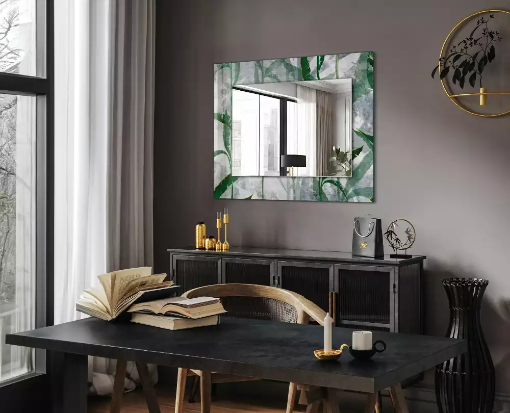 Miroir rectangulaire avec cadre imprimé plantes vertes