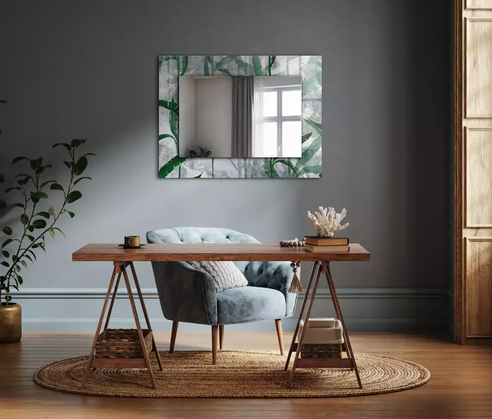 Miroir rectangulaire avec cadre imprimé plantes vertes