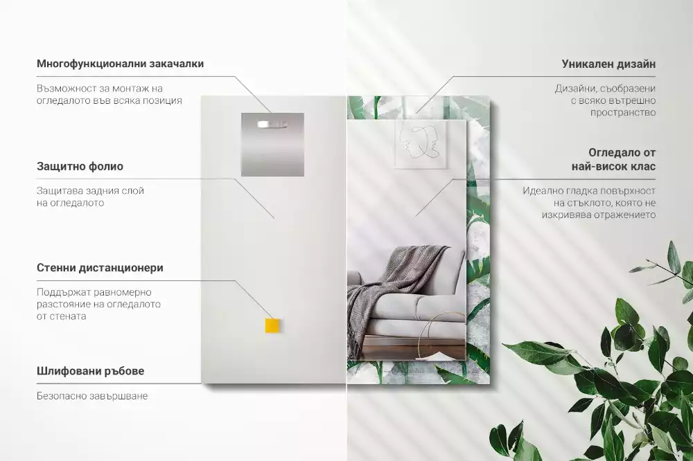 Miroir rectangulaire avec cadre imprimé plantes vertes