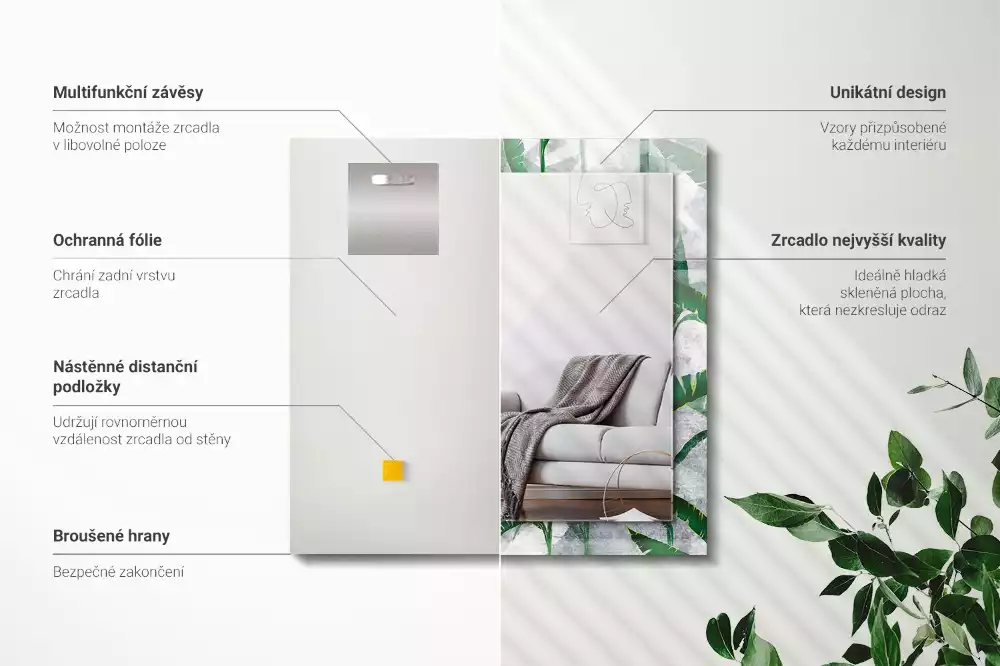 Miroir rectangulaire avec cadre imprimé plantes vertes