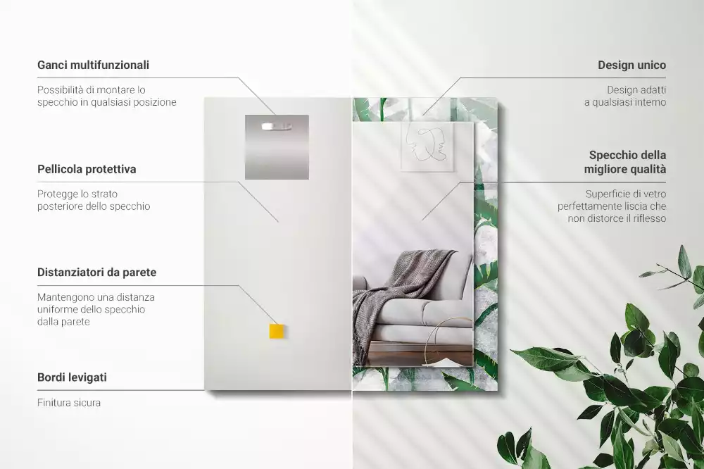 Miroir rectangulaire avec cadre imprimé plantes vertes