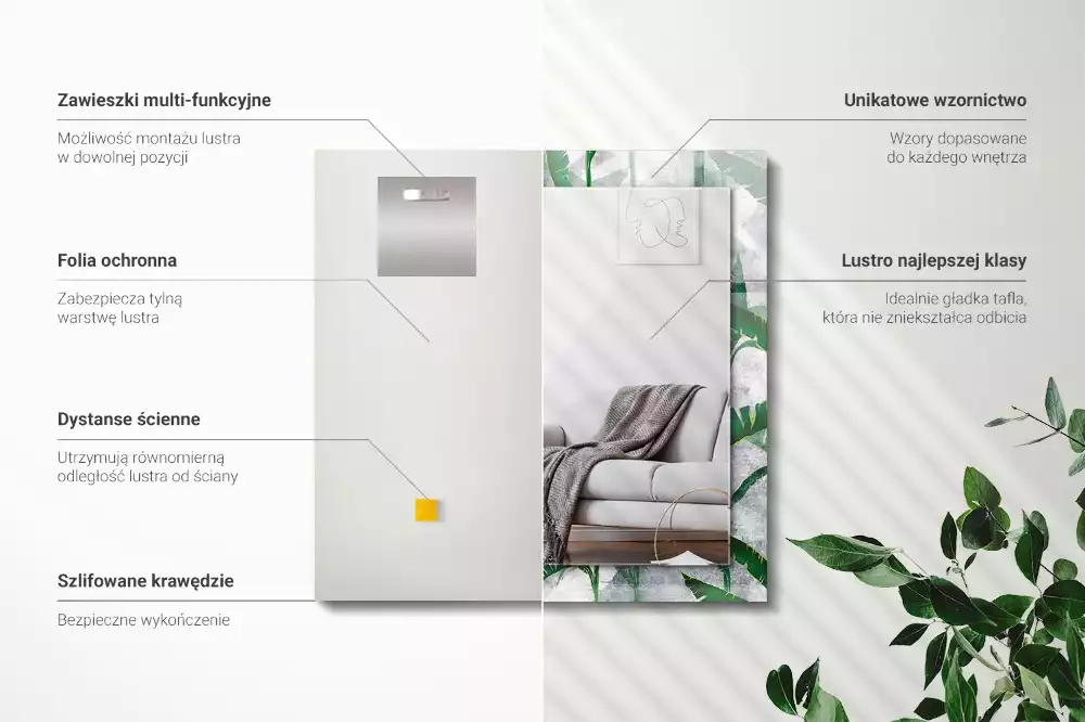 Miroir rectangulaire avec cadre imprimé plantes vertes