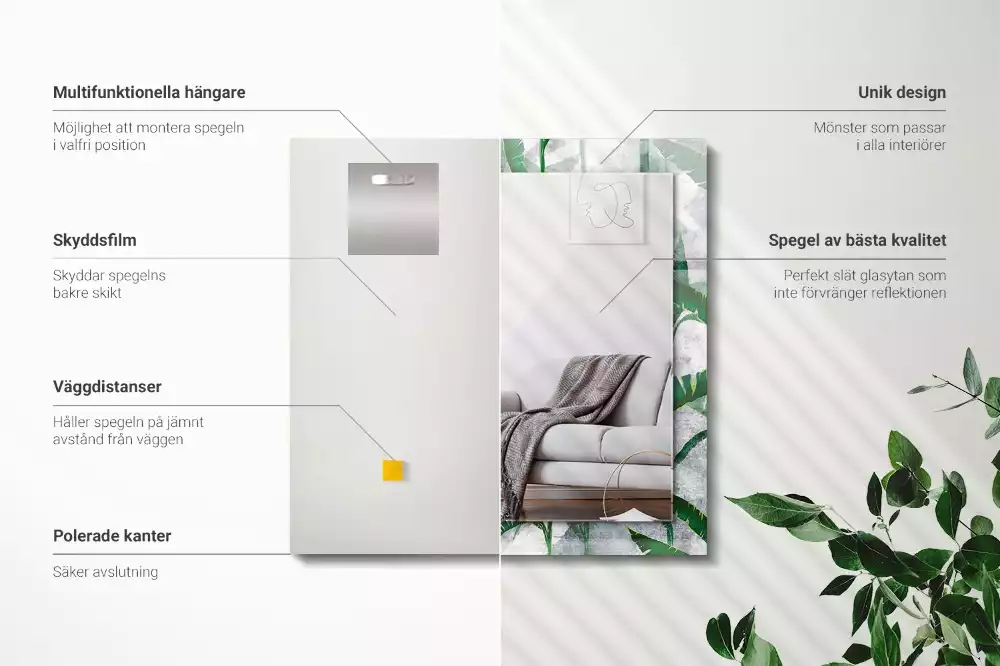 Miroir rectangulaire avec cadre imprimé plantes vertes