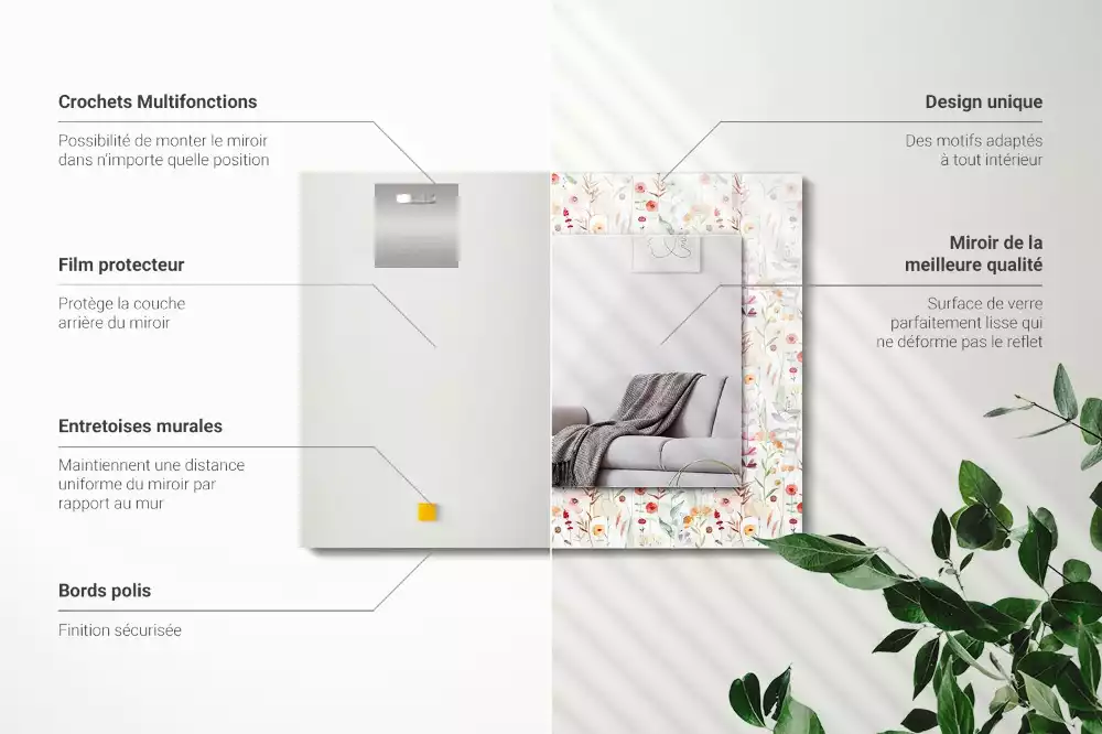 Miroir rectangulaire imprimé motif floral en aquarelle
