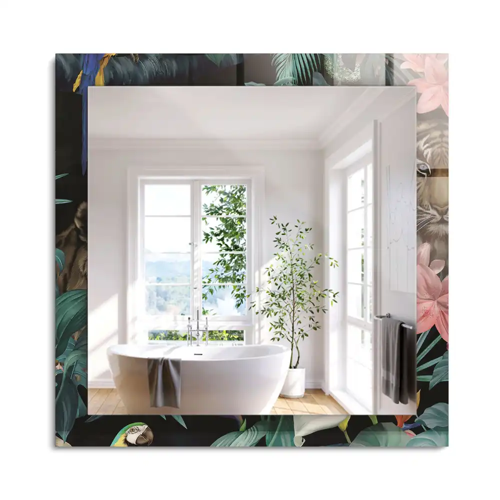 Miroir rectangulaire avec cadre imprimé tigres et perroquets dans la jungle