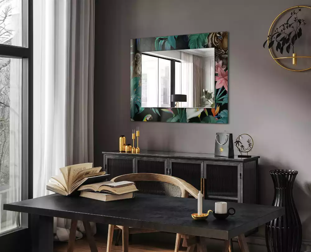 Miroir rectangulaire avec cadre imprimé tigres et perroquets dans la jungle