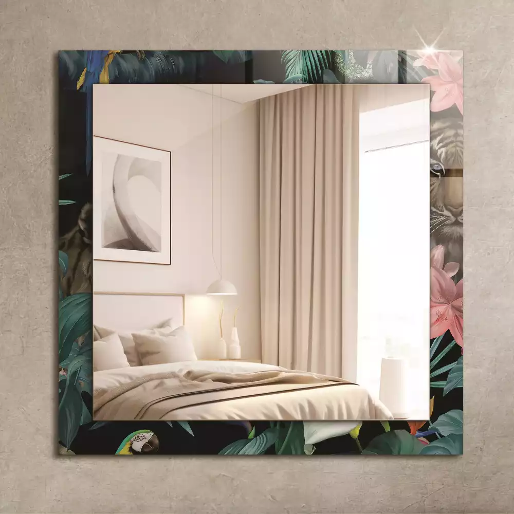 Miroir rectangulaire avec cadre imprimé tigres et perroquets dans la jungle