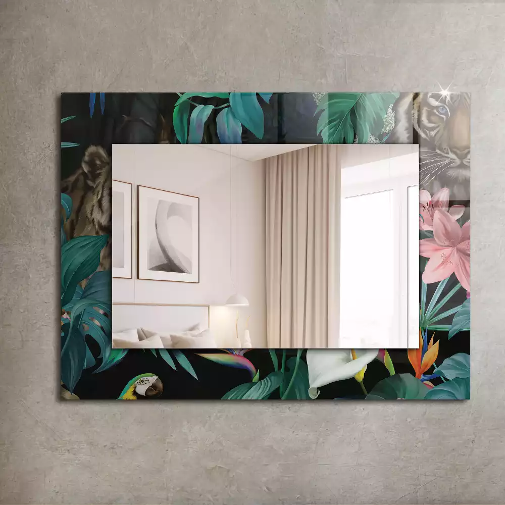 Miroir rectangulaire avec cadre imprimé tigres et perroquets dans la jungle