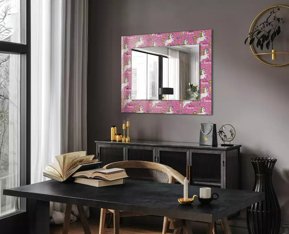 Miroir rectangulaire décoratif imprimé licornes arcs-en-ciel et cœurs