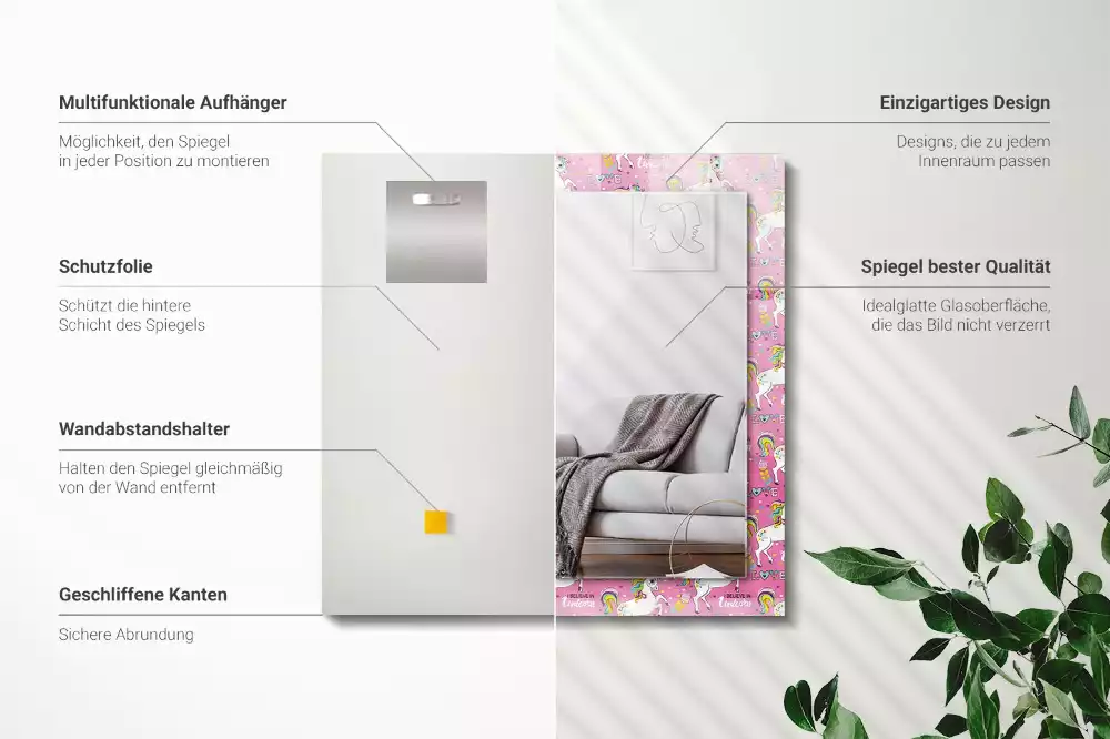 Miroir rectangulaire décoratif imprimé licornes arcs-en-ciel et cœurs