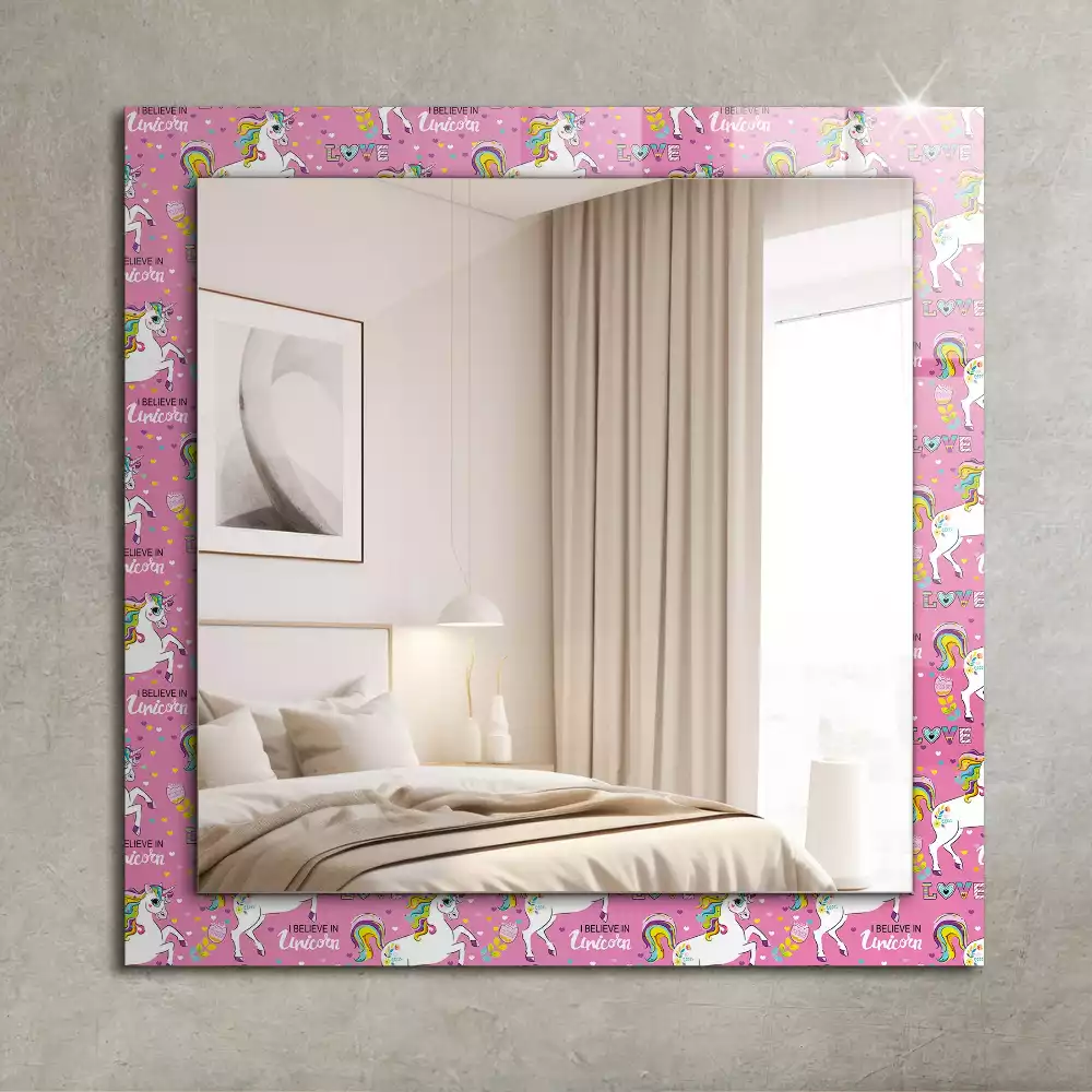 Miroir rectangulaire décoratif imprimé licornes arcs-en-ciel et cœurs