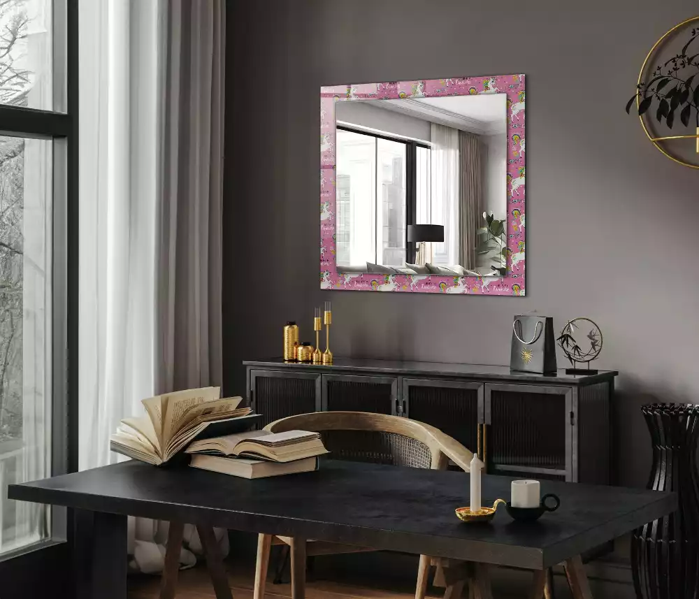 Miroir rectangulaire décoratif imprimé licornes arcs-en-ciel et cœurs