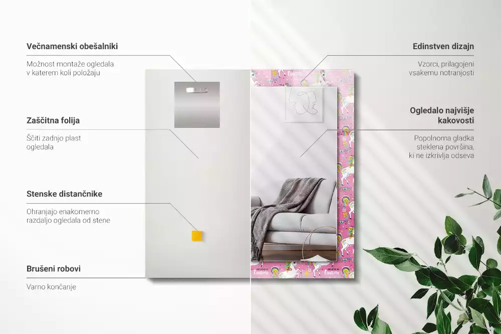 Miroir rectangulaire décoratif imprimé licornes arcs-en-ciel et cœurs