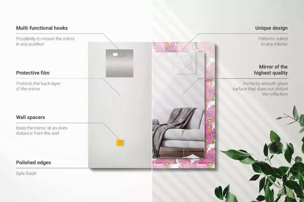 Miroir rectangulaire décoratif imprimé licornes arcs-en-ciel et cœurs