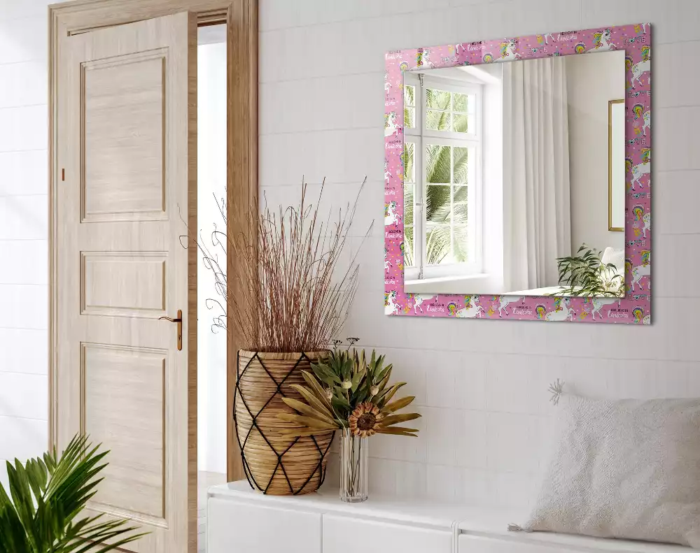 Miroir rectangulaire décoratif imprimé licornes arcs-en-ciel et cœurs