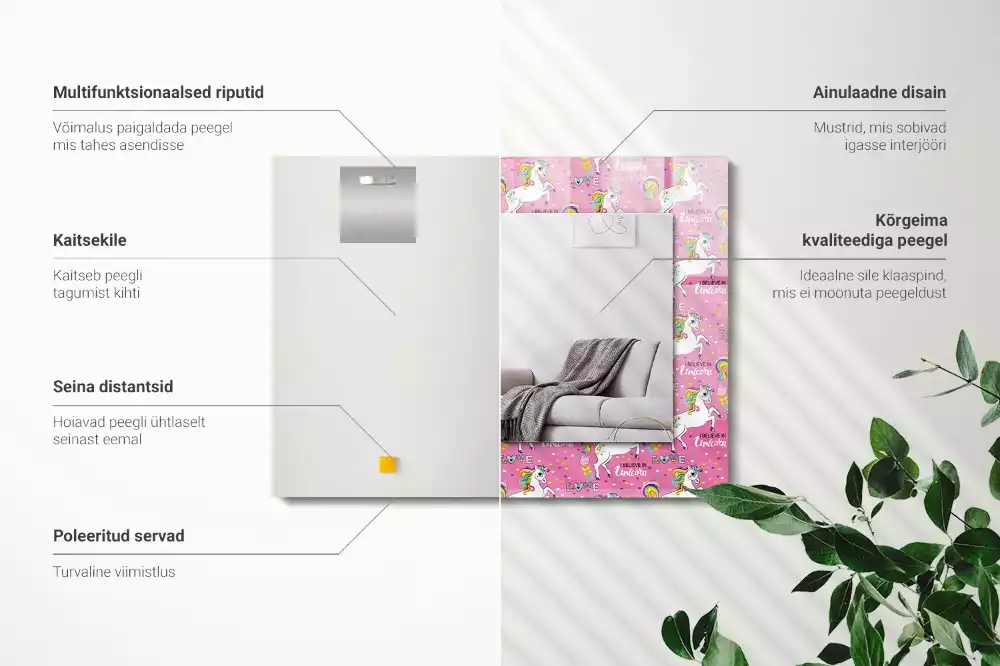 Miroir rectangulaire décoratif imprimé licornes arcs-en-ciel et cœurs