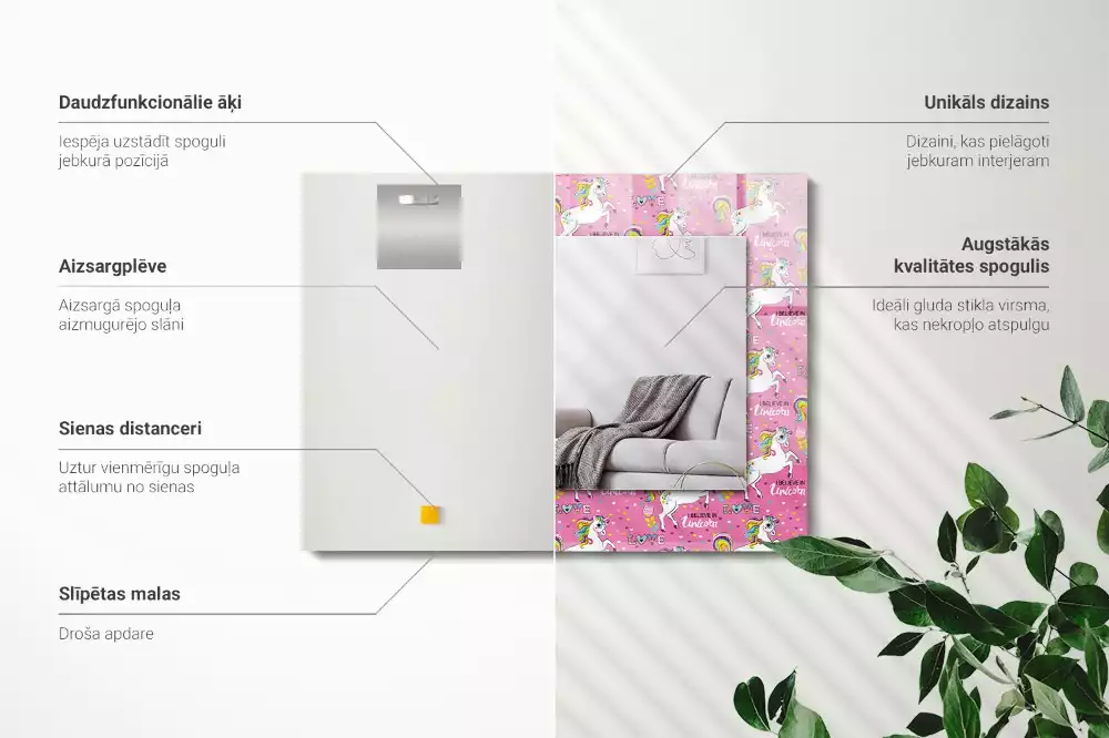 Miroir rectangulaire décoratif imprimé licornes arcs-en-ciel et cœurs
