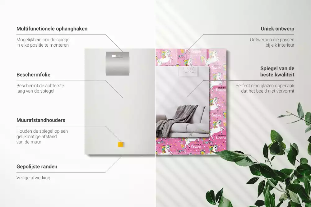 Miroir rectangulaire décoratif imprimé licornes arcs-en-ciel et cœurs