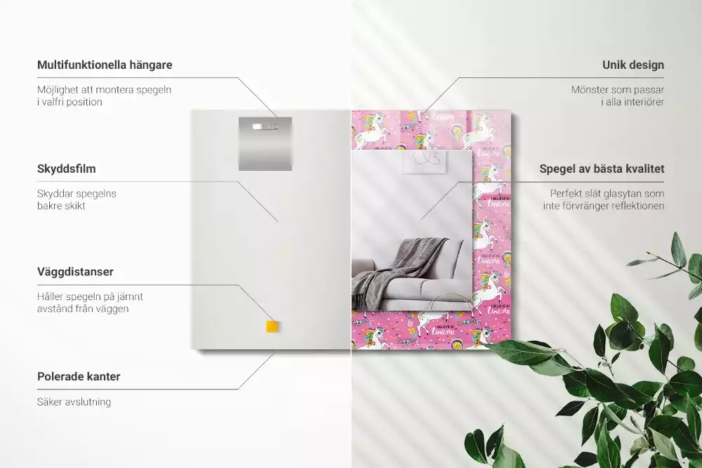 Miroir rectangulaire décoratif imprimé licornes arcs-en-ciel et cœurs