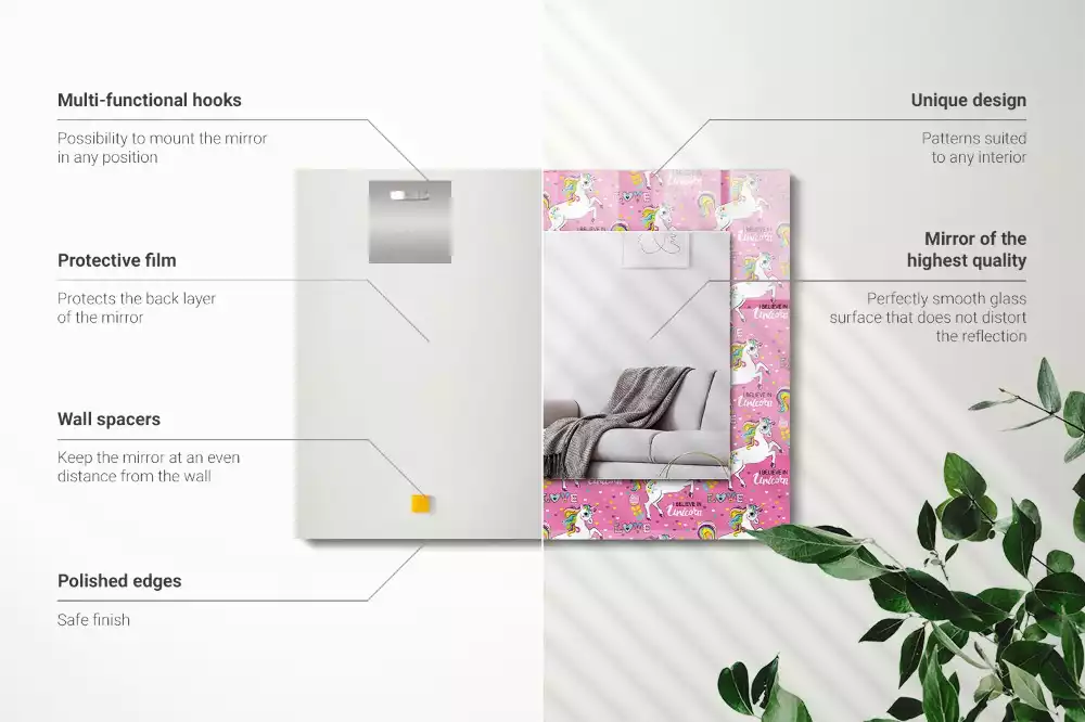 Miroir rectangulaire décoratif imprimé licornes arcs-en-ciel et cœurs