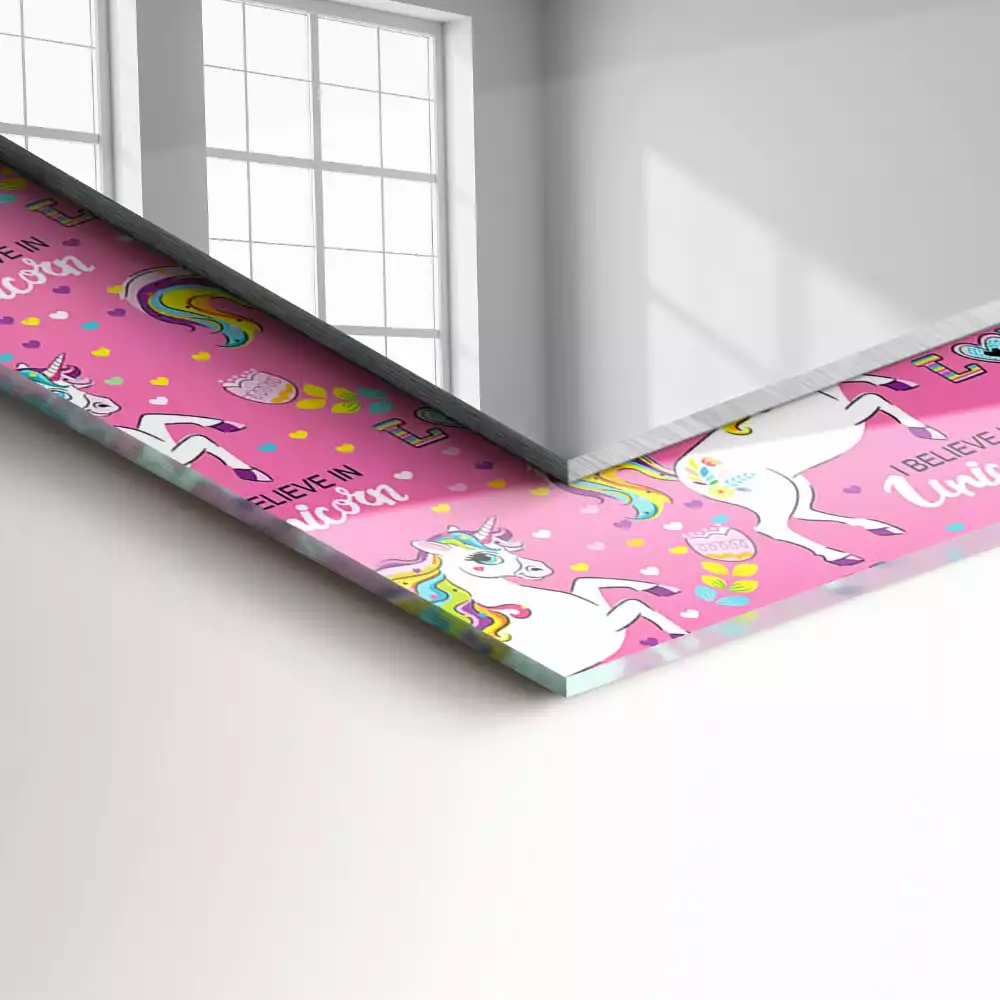 Miroir rectangulaire décoratif imprimé licornes arcs-en-ciel et cœurs