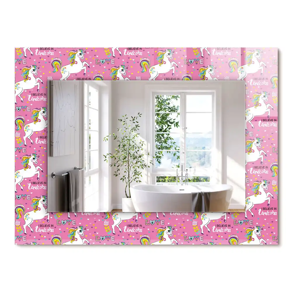 Miroir rectangulaire décoratif imprimé licornes arcs-en-ciel et cœurs