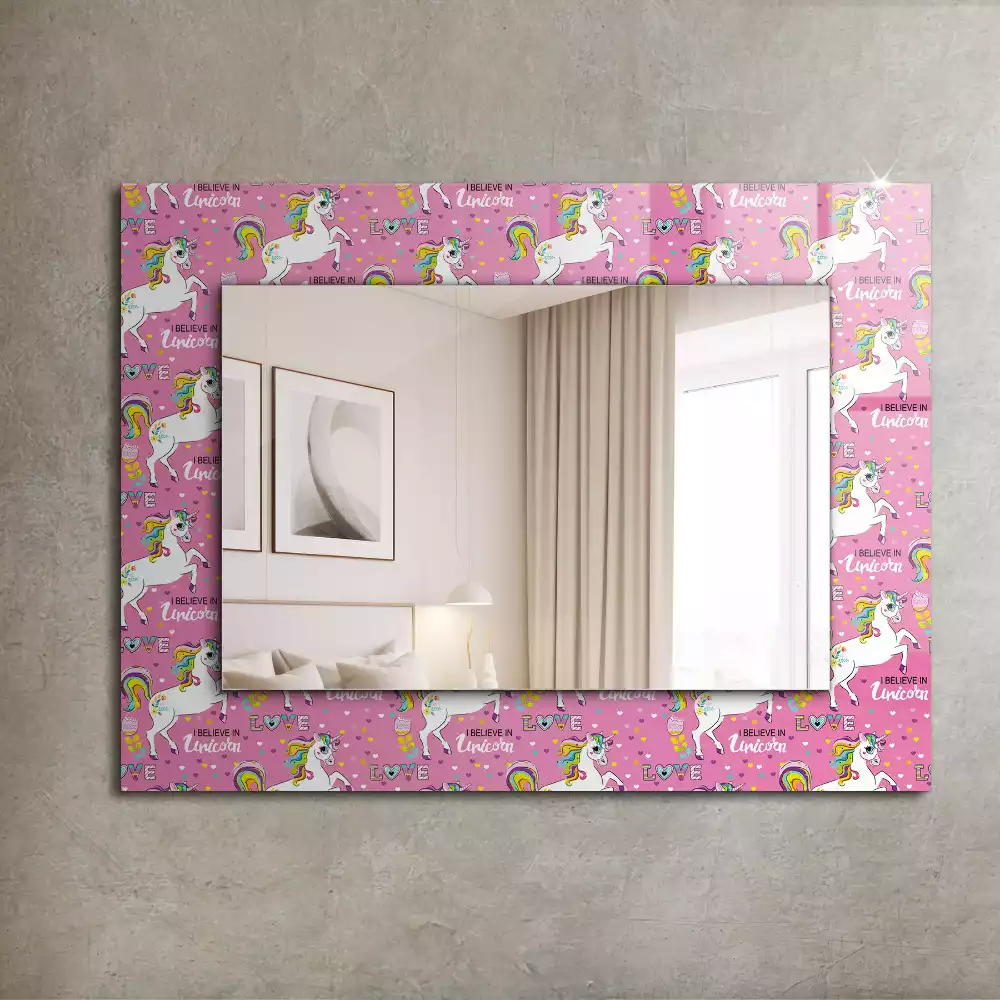 Miroir rectangulaire décoratif imprimé licornes arcs-en-ciel et cœurs