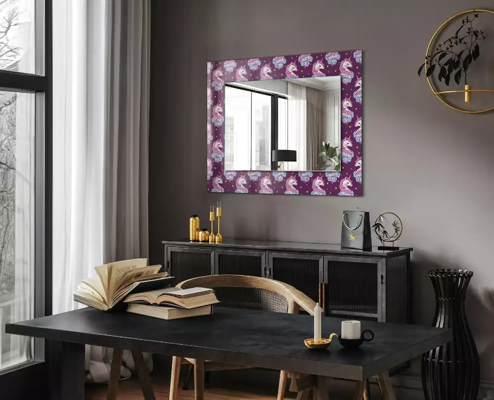 Miroir rectangulaire avec cadre imprimé licornes étoiles et inscription